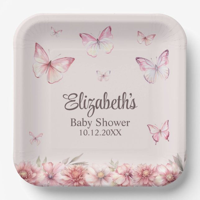 Pink Butterflies and Flowers Baby Shower  Paper Plates (Front)