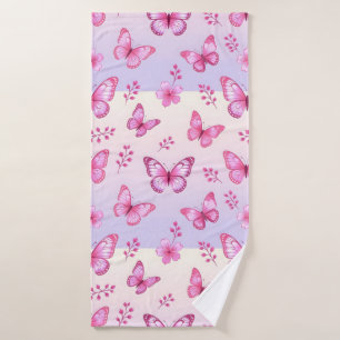 Pink butterflies and flowers pattern bath towel
