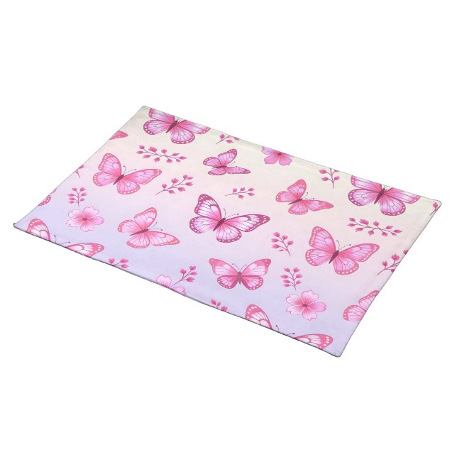 Pink butterflies and flowers pattern cloth placemat (On Table)