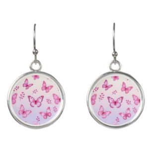 Pink butterflies and flowers pattern earrings