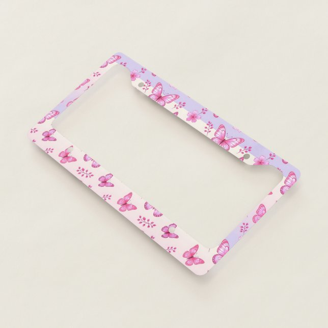 Pink butterflies and flowers pattern license plate frame (3/4)