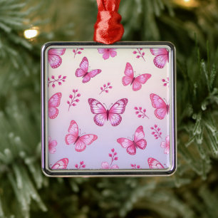 Pink butterflies and flowers pattern metal ornament