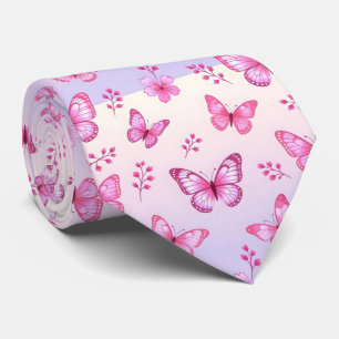 Pink butterflies and flowers pattern neck tie