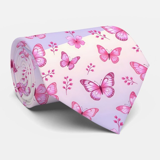Pink butterflies and flowers pattern neck tie (Rolled)
