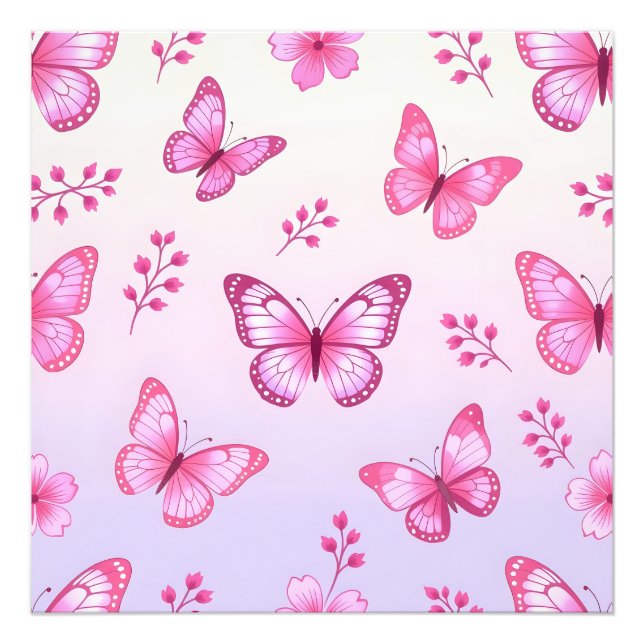 Pink butterflies and flowers pattern photo print (Front)