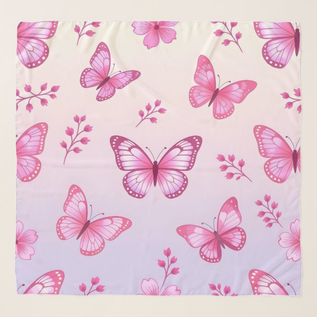 Pink butterflies and flowers pattern scarf (Front)