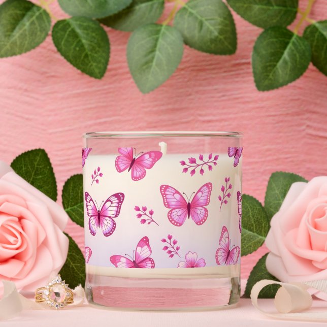 Pink butterflies and flowers pattern scented candle (Wedding)
