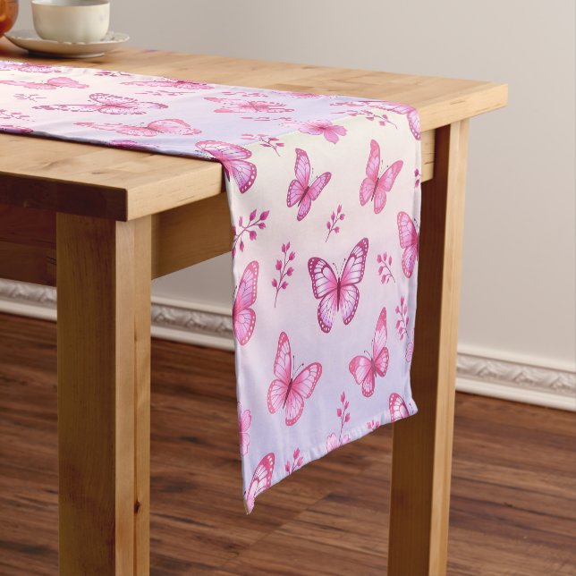 Pink butterflies and flowers pattern short table runner (In Situ)