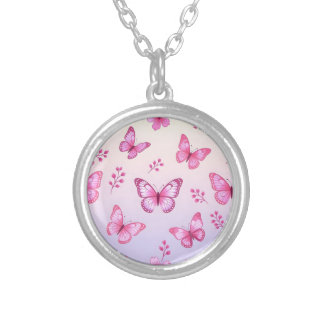 Pink butterflies and flowers pattern silver plated necklace