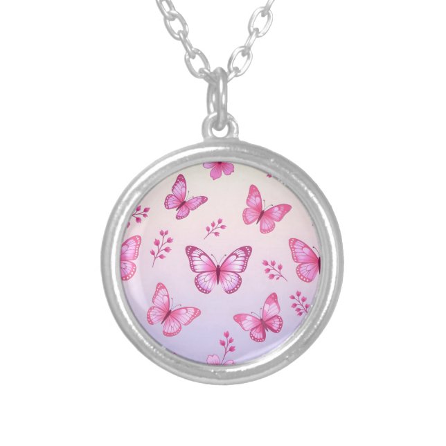Pink butterflies and flowers pattern silver plated necklace (Front)