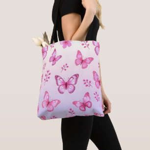 Pink butterflies and flowers pattern tote bag
