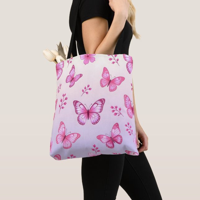 Pink butterflies and flowers pattern tote bag (Close Up)