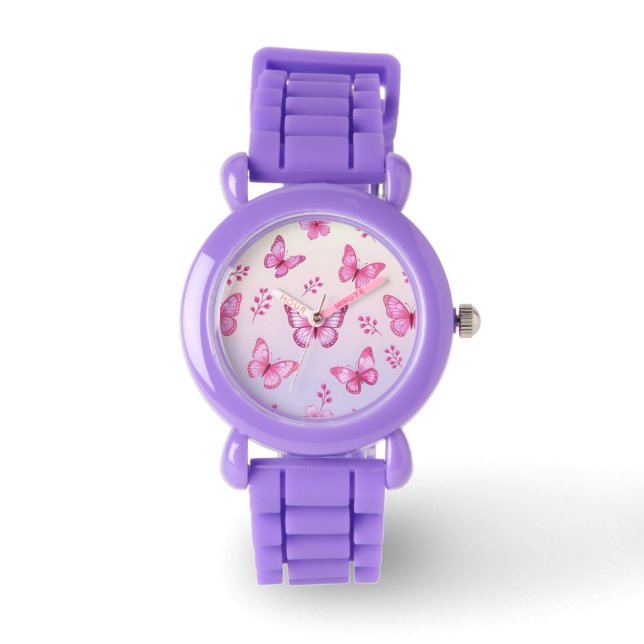 Pink butterflies and flowers pattern watch (Front)