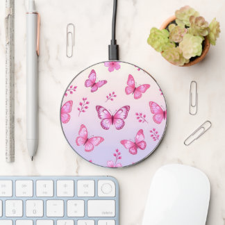 Pink butterflies and flowers pattern wireless charger 