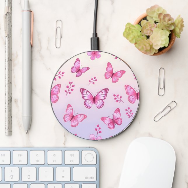 Pink butterflies and flowers pattern wireless charger  (Desk)