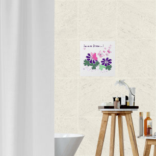 Pink Butterflies and Indigo Flowers Bath Wall Decal