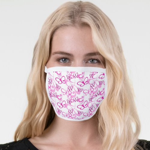 Pink Butterflies and Swirls on White Cute Girly Face Mask