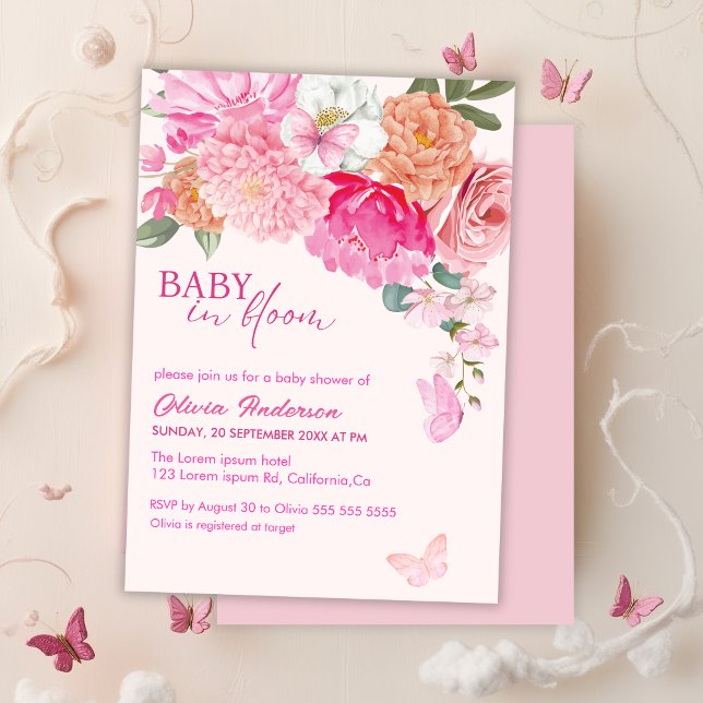 Pink Butterflies Baby in Bloom floral Baby Shower Invitation (Creator Uploaded)