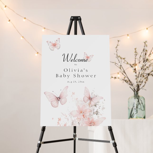 Pink Butterflies Baby Shower Welcome Foam Board (In Situ (Stand))