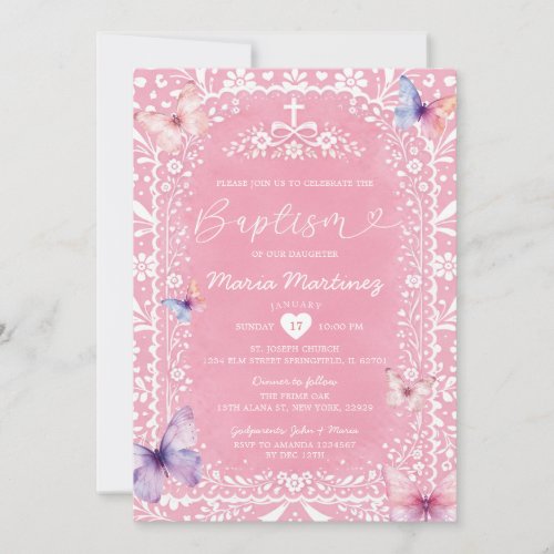 Pink Butterflies BAPTISM Papel Picado Christening Invitation