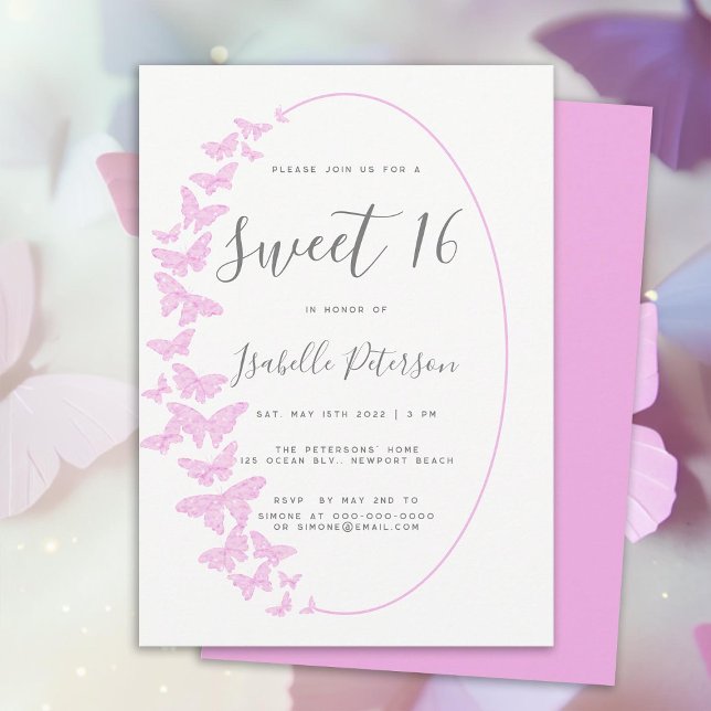 Pink Butterflies Boho Frame Elegant Chic Sweet 16 Invitation (pink butterflies boho frame sweet 16 birthday party invitation sweet sixteen elegant trendy simple)