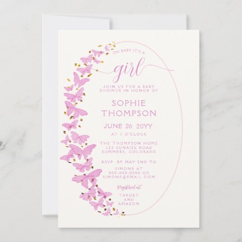 Pink Butterflies Boho Frame Gold Girl Baby Shower Invitation