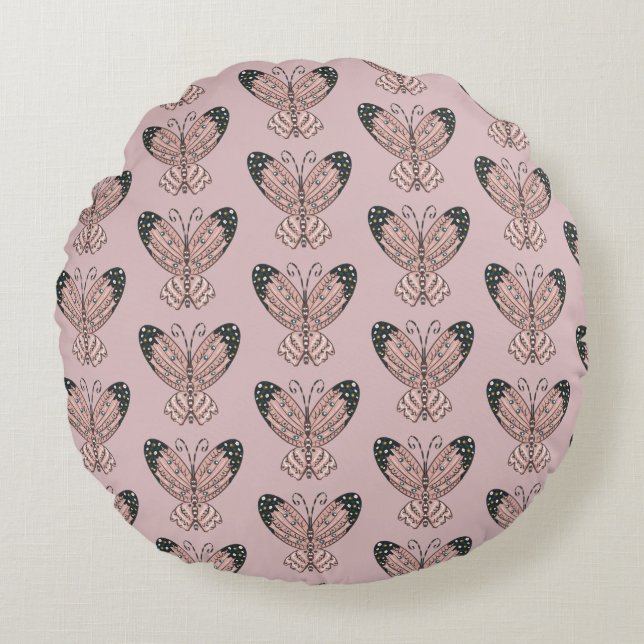Pink Butterflies Boho Hand Drawn Art Round Pillow (Front)