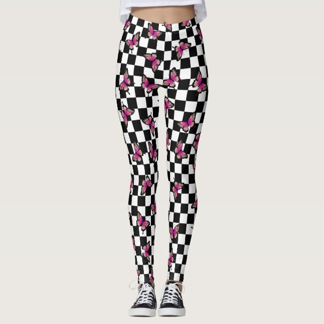 Pink Butterflies Checkered Spandex Leggings  (Front)