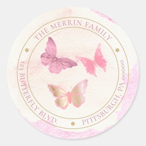 Pink Butterflies Circle Return Address Classic Round Sticker