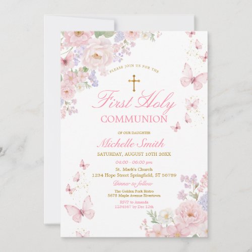Pink Butterflies Dusty Floral First Holy Communion