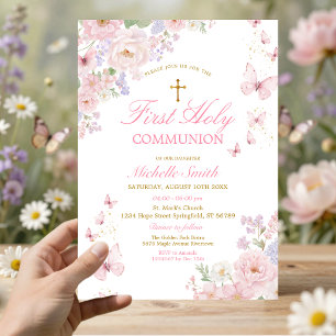 Pink Butterflies Dusty Floral First Holy Communion Invitation
