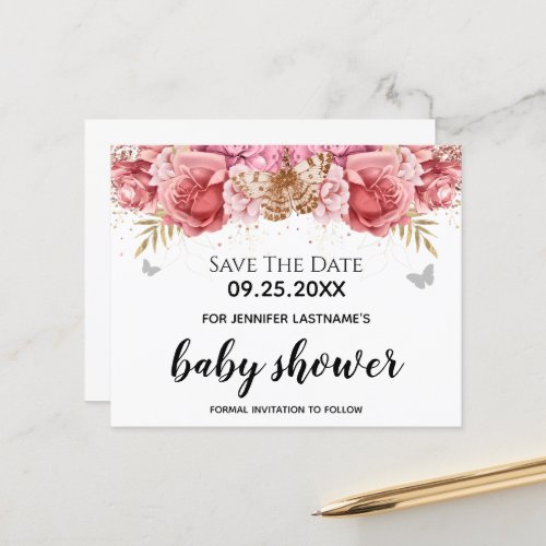 Pink Butterflies Floral Baby Shower Save the Date