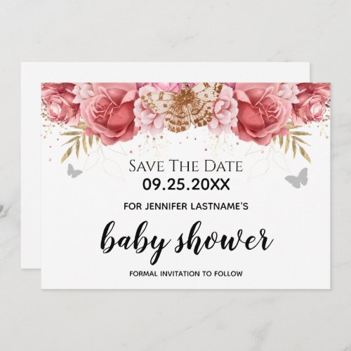 Pink Butterflies Floral Baby Shower Save the Date Invitation