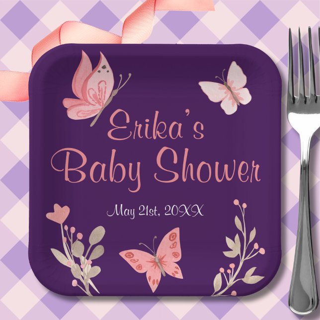Pink Butterflies Floral Purple Baby Shower Paper Plates (Creator Uploaded)