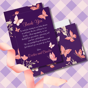 Pink Butterflies Floral Purple Baby Shower Thank You Card