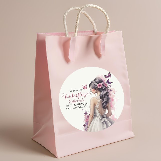 Pink Butterflies Floral Wedding Gown Bridal Shower Classic Round Sticker (Creator Uploaded)
