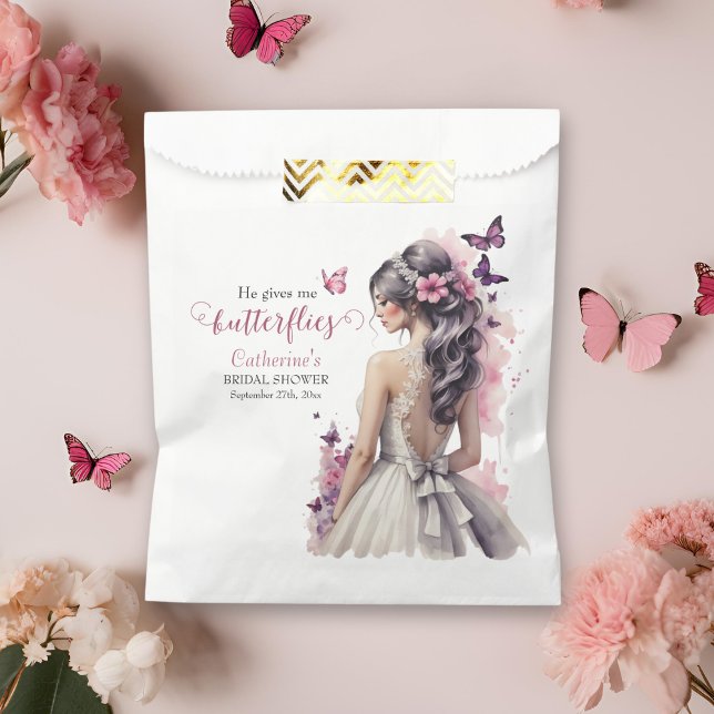 Pink Butterflies Floral Wedding Gown Bridal Shower Favor Bag (Creator Uploaded)