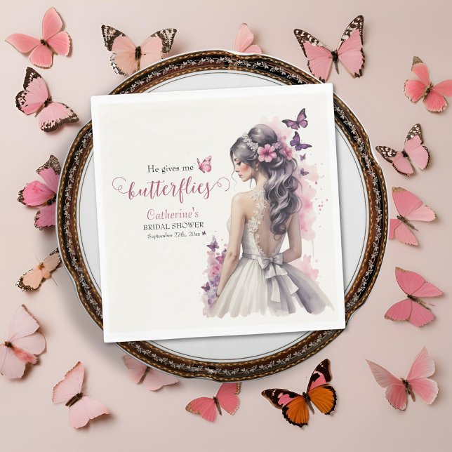 Pink Butterflies Floral Wedding Gown Bridal Shower Napkins (Creator Uploaded)