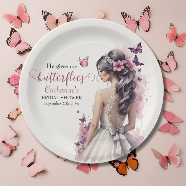 Pink Butterflies Floral Wedding Gown Bridal Shower Paper Plates (Creator Uploaded)