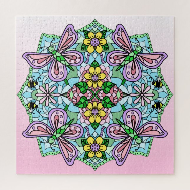 Pink Butterflies Flowers and Bees Mandala Jigsaw Puzzle (Vertical)