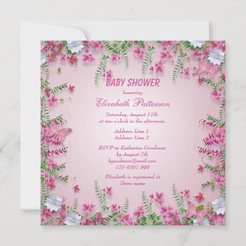 Pink Butterflies Flowers  Bows Baby Girl Shower Invitation
