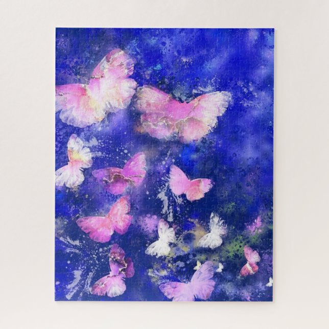 Pink Butterflies Flying in the Blue Night -Drawing Jigsaw Puzzle (Vertical)