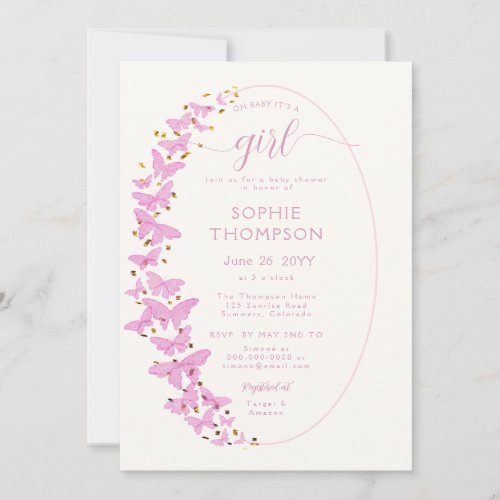 Pink Butterflies Frame Gold Chic Girl Baby Shower Invitation