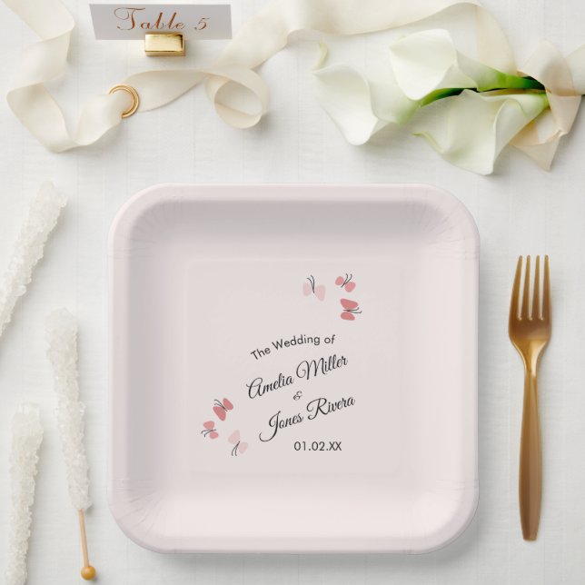 Pink Butterflies Garden Romantic Simple Wedding  Paper Plates (Wedding)