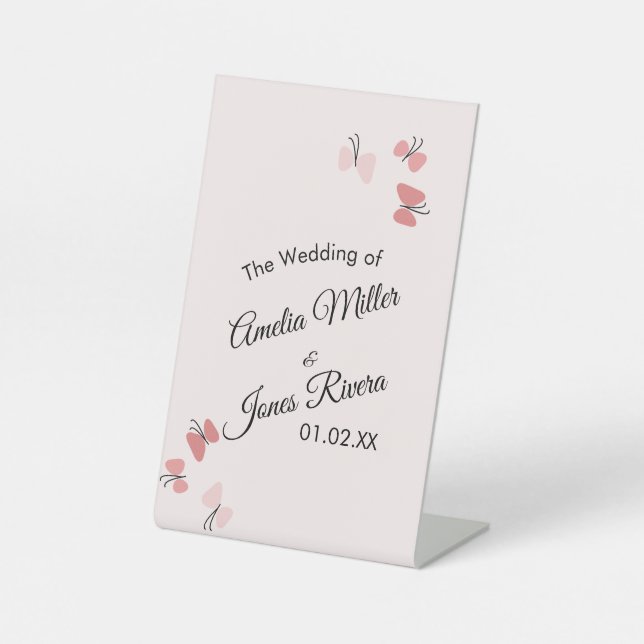 Pink Butterflies Garden Romantic Simple Wedding  Pedestal Sign (Front)