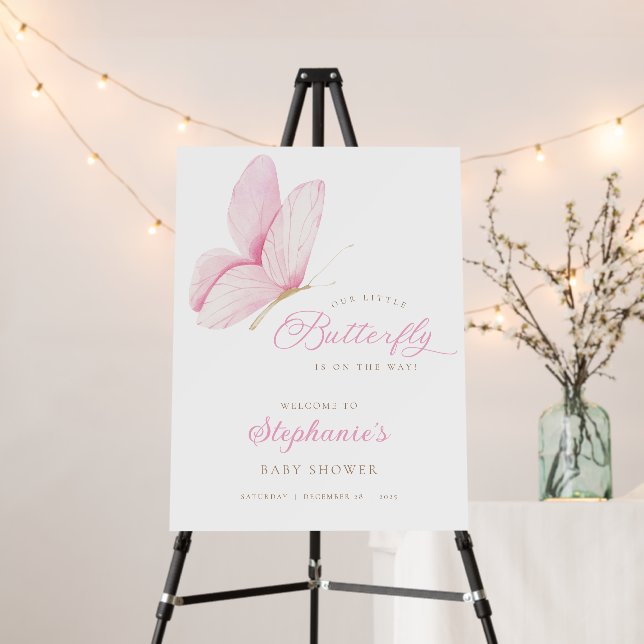 Pink Butterflies Girl Baby Shower Welcome Sign (In Situ (Stand))