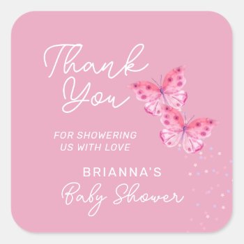 Pink Butterflies Girls Twins Baby Shower Thank You Square Sticker by daisylin712 at Zazzle