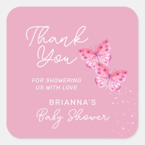 Pink Butterflies Girls Twins Baby Shower Thank You Square Sticker
