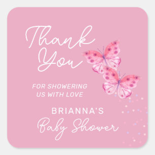 Pink Butterflies Girls Twins Baby Shower Thank You Square Sticker