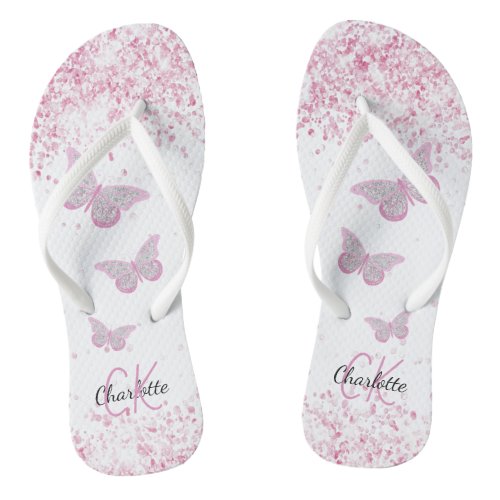 Pink butterflies glitter white name monogram flip flops